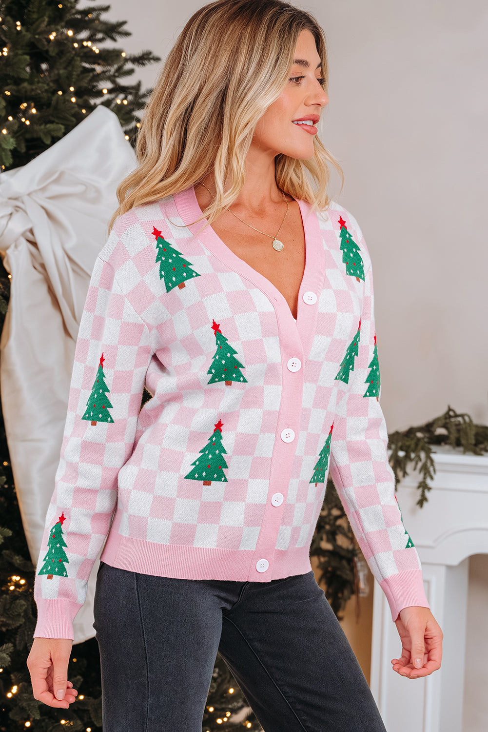 Checkered Christmas Tree Pattern Button V-Neck Cardigan Knit Top
