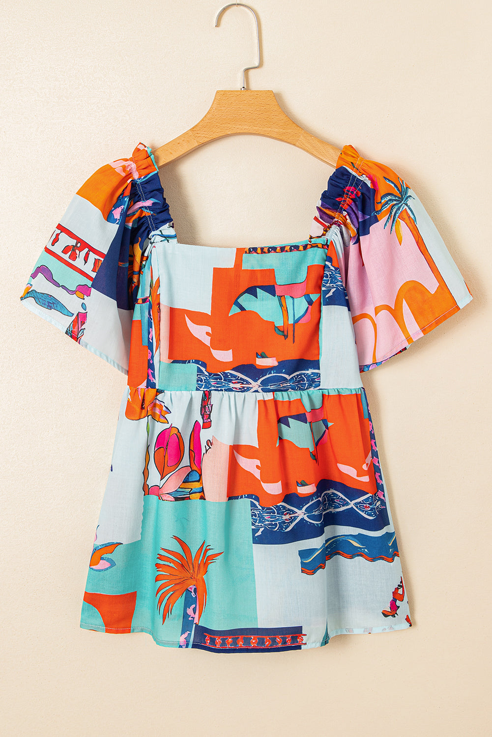 Square Tropical Printed Neck Flutter Sleeve Babydoll Blouse