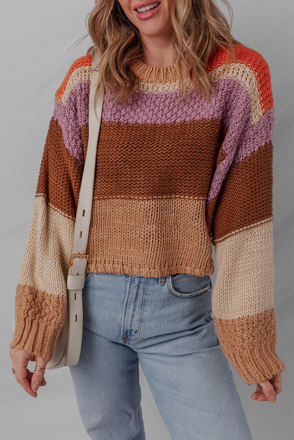 Cropped Colorblock Drop-Shoulder Chunky Knit Knit Top