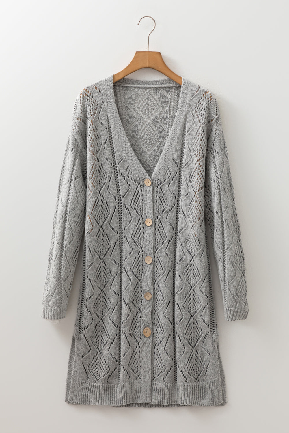 Hollow-out Knit Openwork Cotton Cardigan in Gray