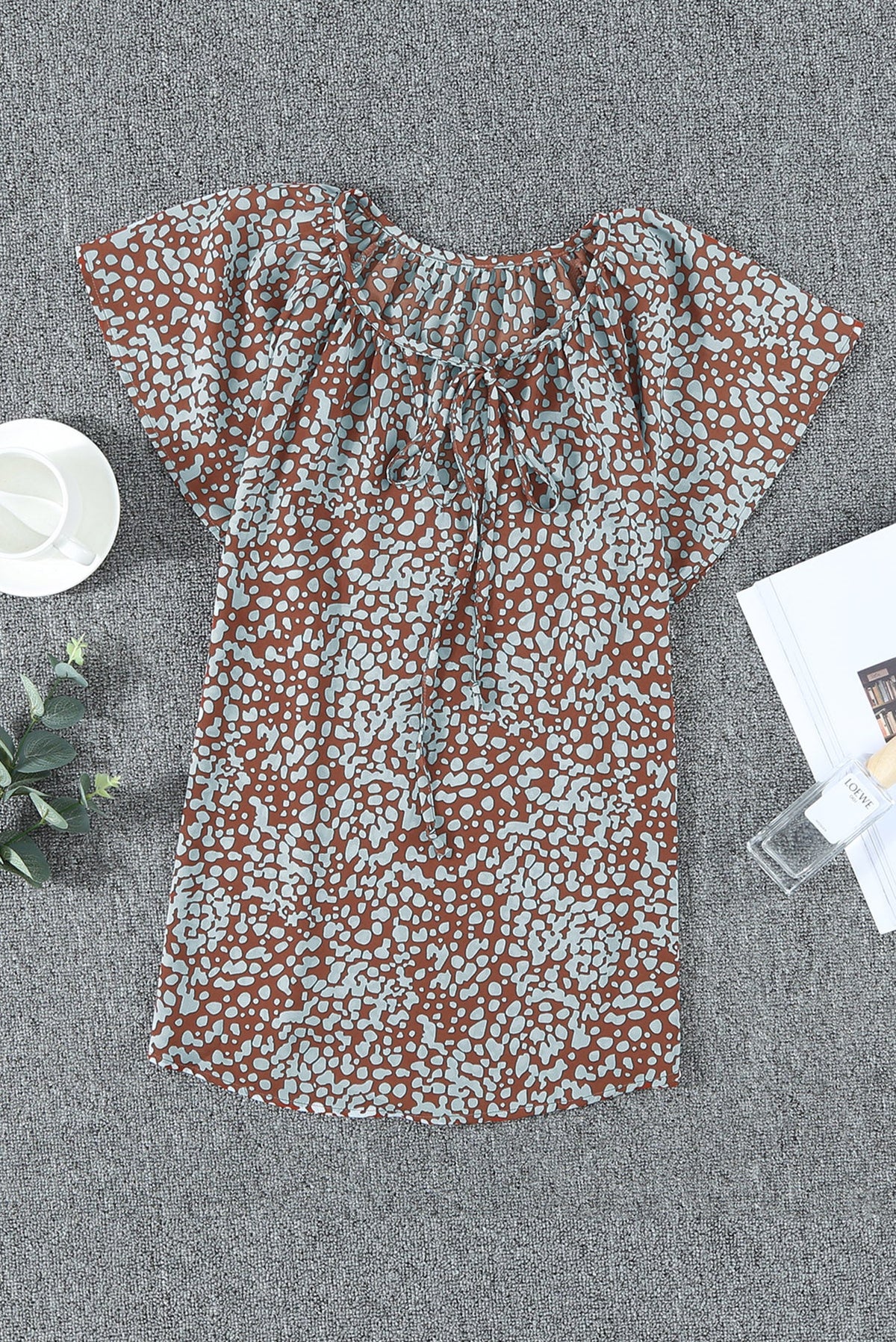 Blouse for Women Summer Brown V-neck Short-Sleeve Fashion Print Fantasy Fluttering