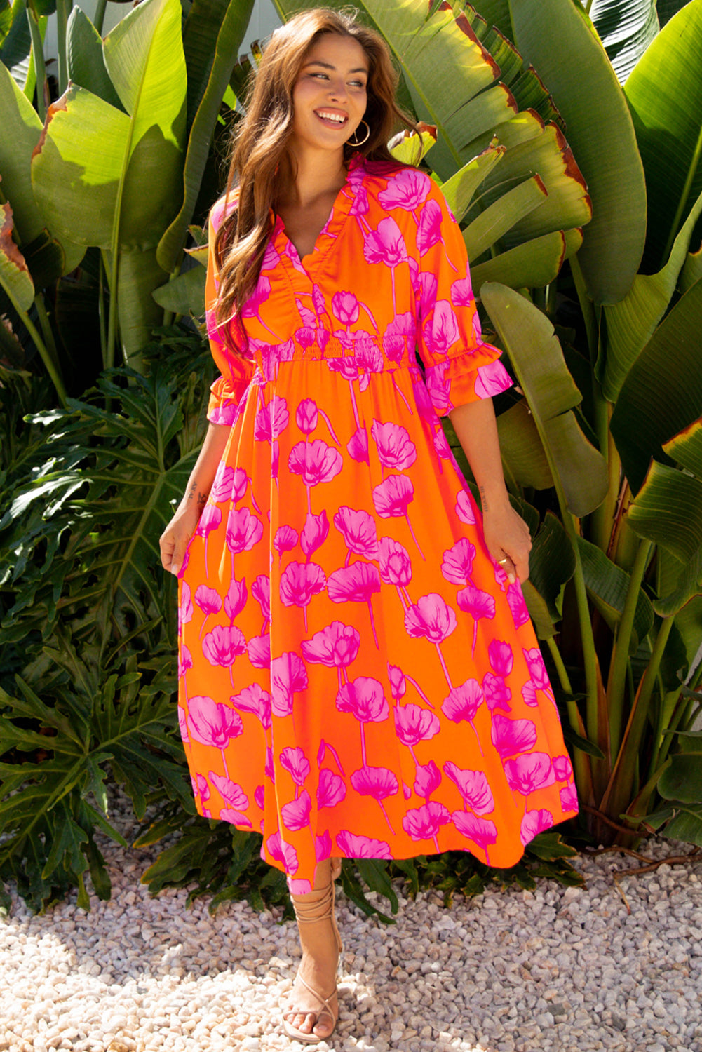 Smocked Floral-Print Frilly V-Neck 3/4 Sleeve Long Dress