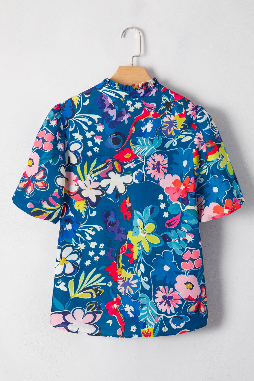 Flower Print Collared V-Neck Puff Short-Sleeved Loose Blouse