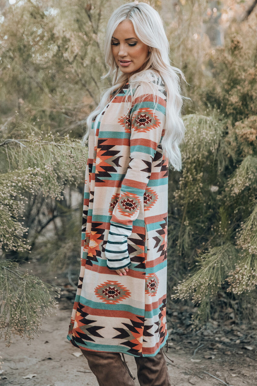 Long Cardigan for Women Geometric Block Open Front