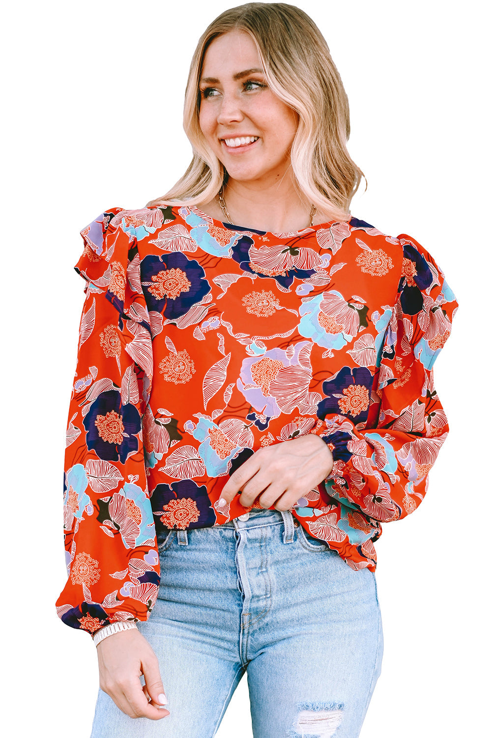 Women's Blouse Featuring Ruffle-Trimmed Balloon Sleeve Floral-Print Print