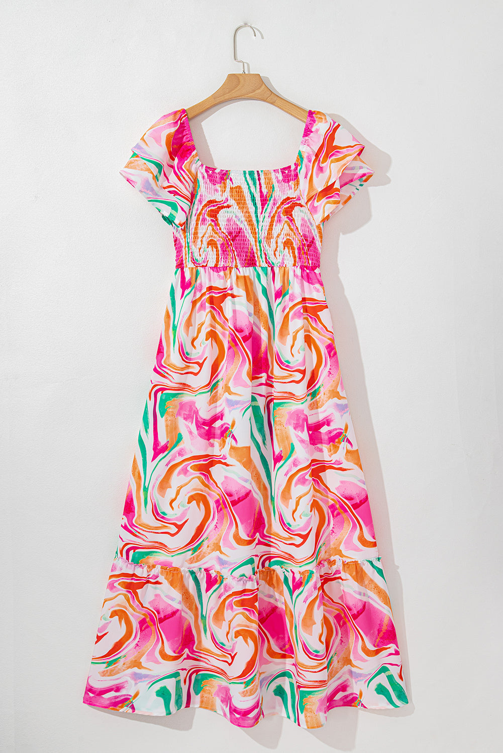 Pink Abstract Print Smocked Bust Maxi Dress