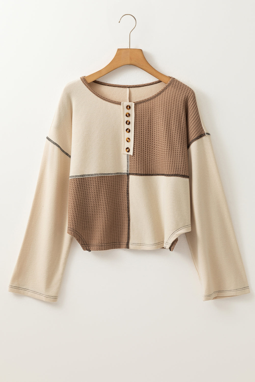 Waffle Knit Colorblock Knit Stitch Detail Long-Sleeved Top in Beige