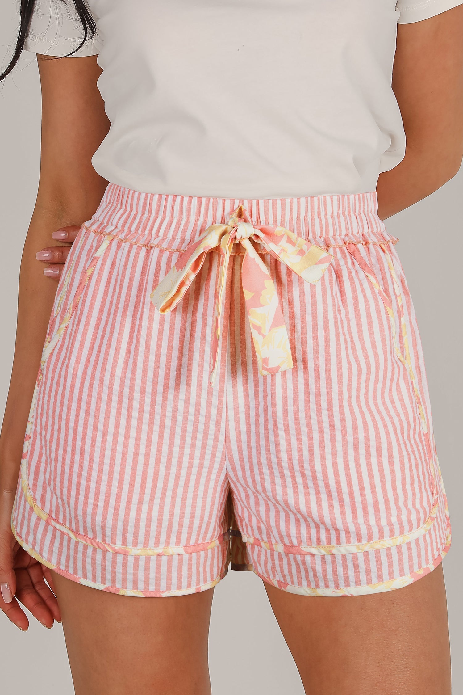 Trim Ribbon Floral Ribbon Knot Striped Everyday Shorts in Light Pink