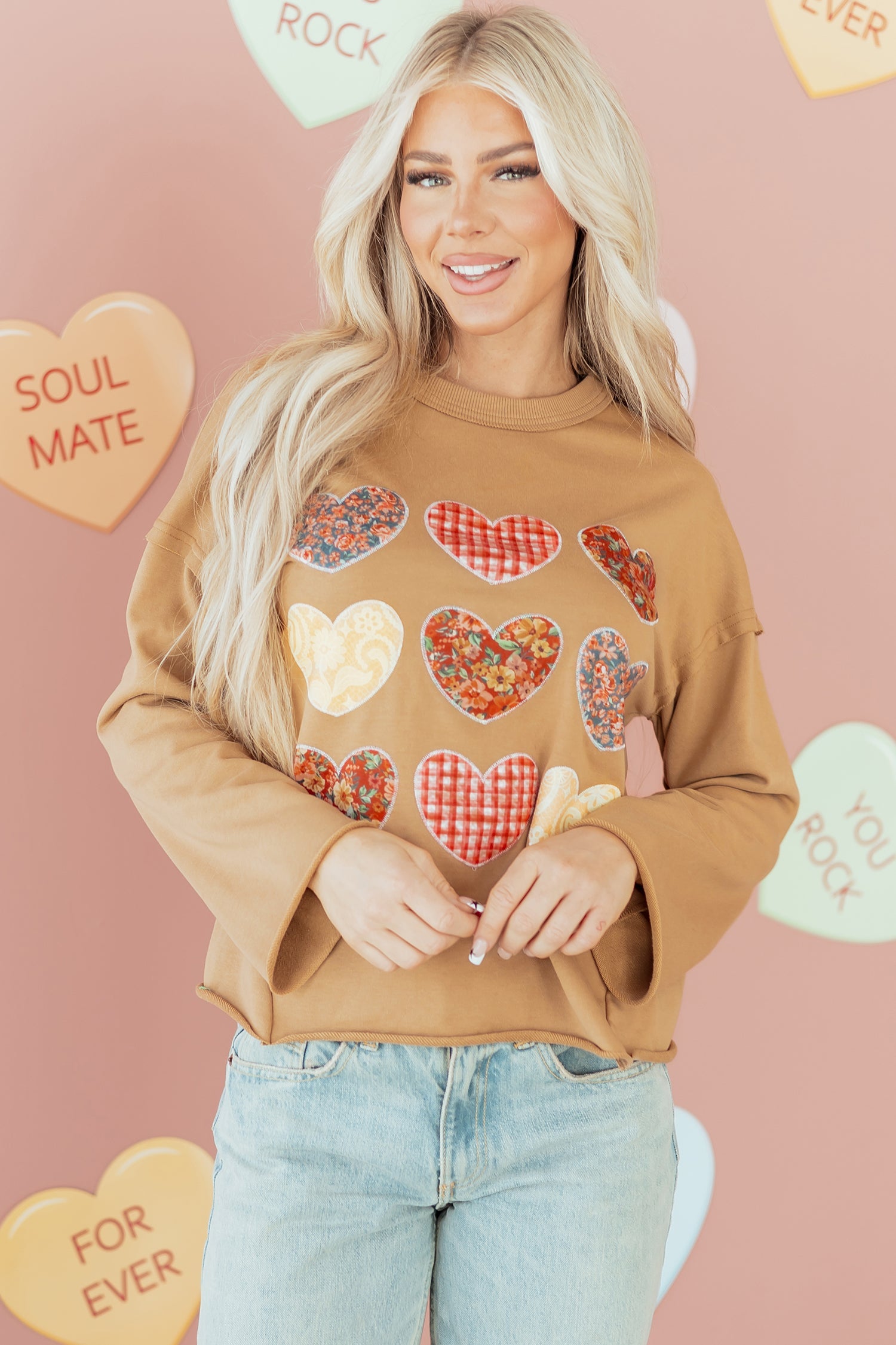 Plaid Floral Heart Stitched Exposed Seam Mineral Wash Sweatshirt