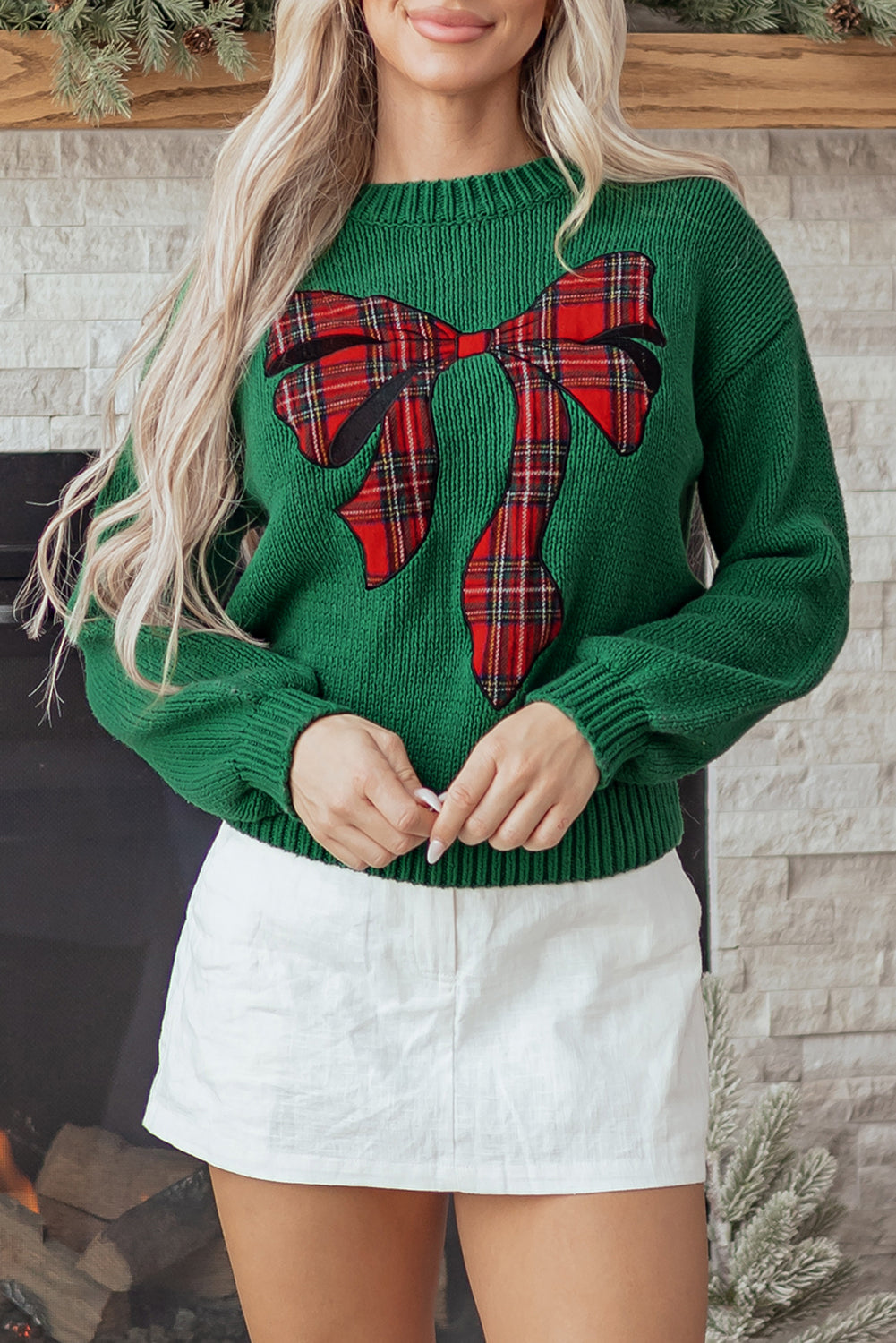 Graphic Plaid Bow Christmas Knit Top
