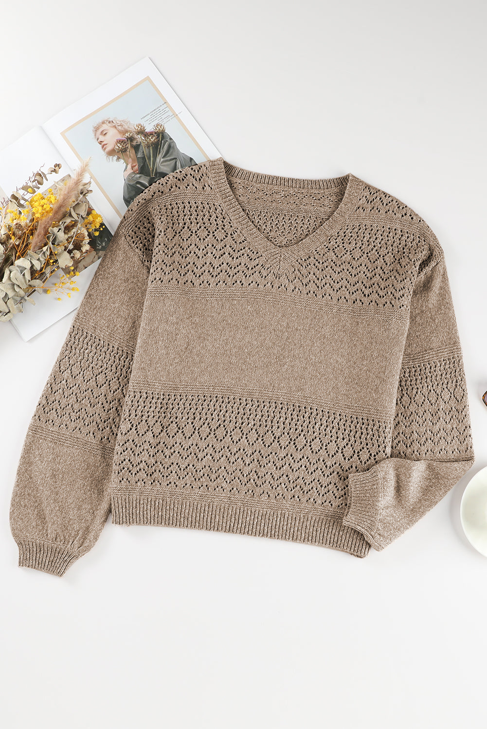 Camel Eyelet Pattern Detail V Neck Drop Shoulder Sweater