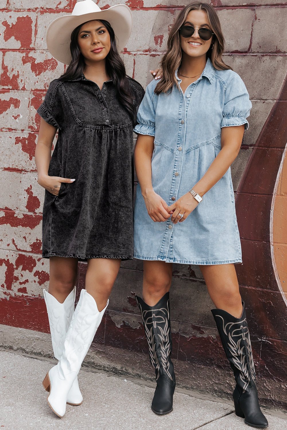 Women's Dress with Ruffle-Trimmed Denim Mineral-Washed