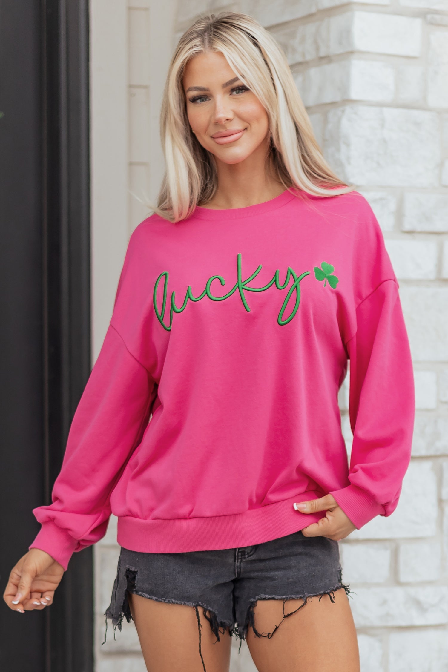 Embroidered Lucky Clover Loose Pullover Sweatshirt in Rose Red