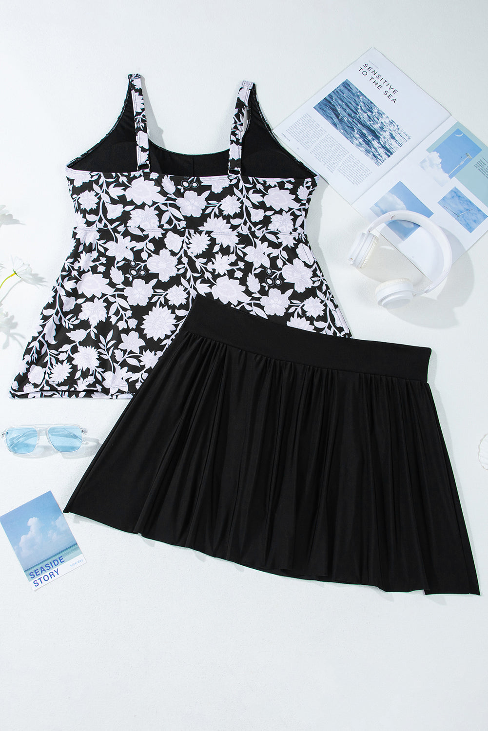 Plus Size Black Printed Ruffled Tankini Set