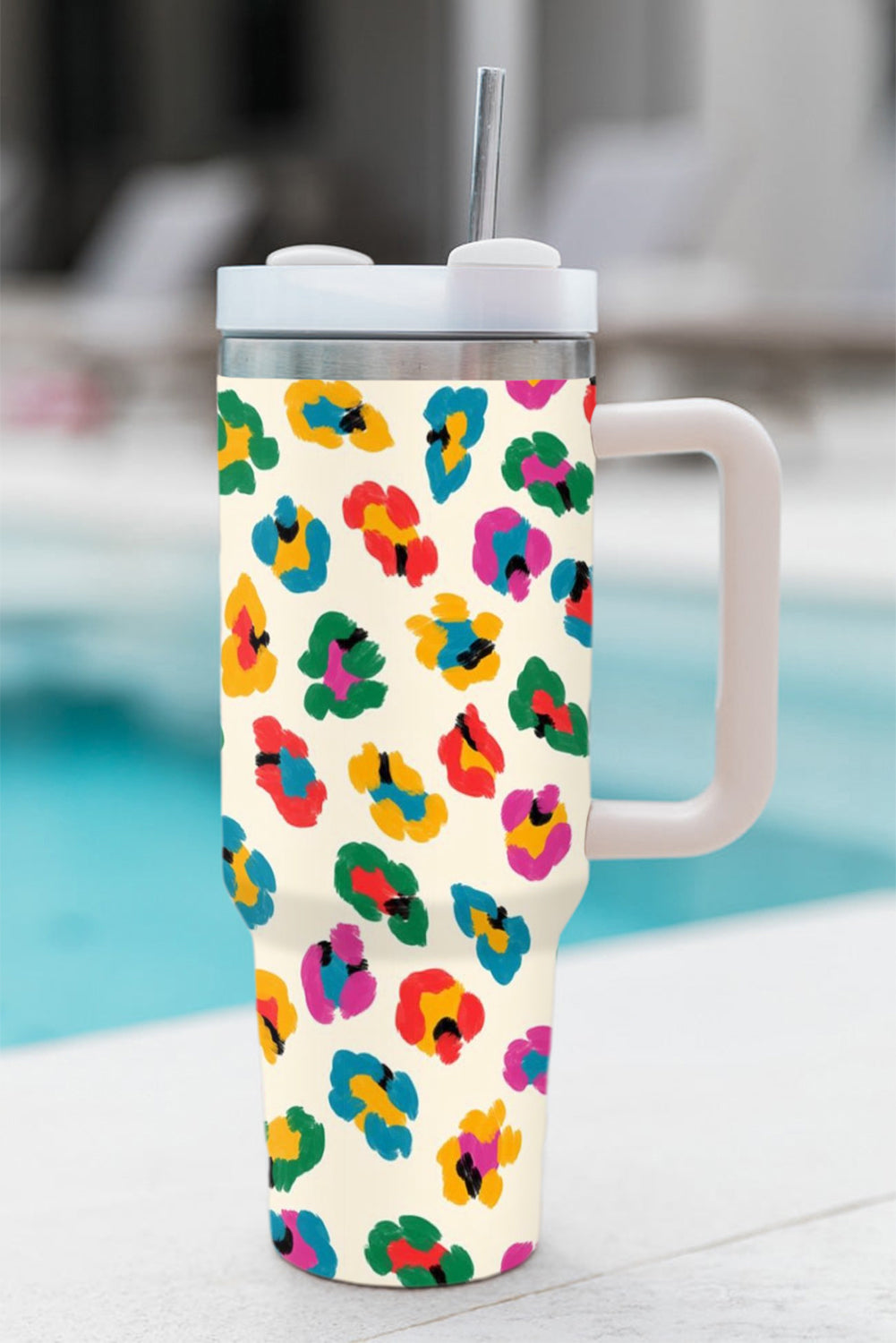 Leopard-Print Multi Color Handle Stainless Tumbler 40oz