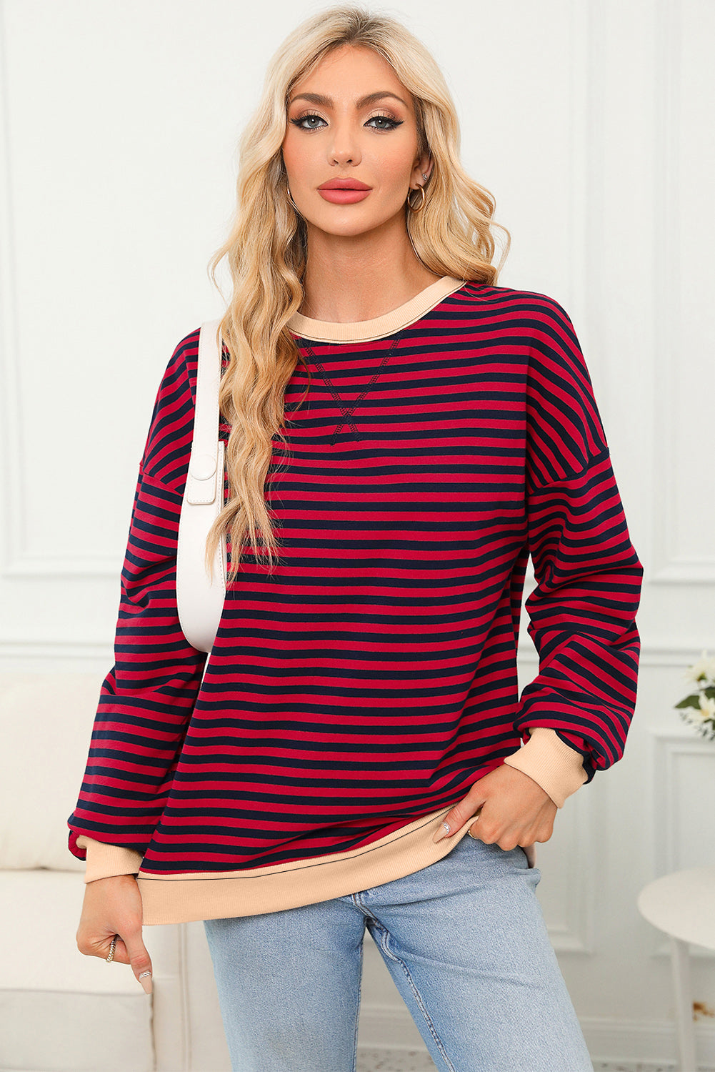 Trim Contrast Rib-Knit Crossed Stitch Drop-Shoulder Sweatshirt