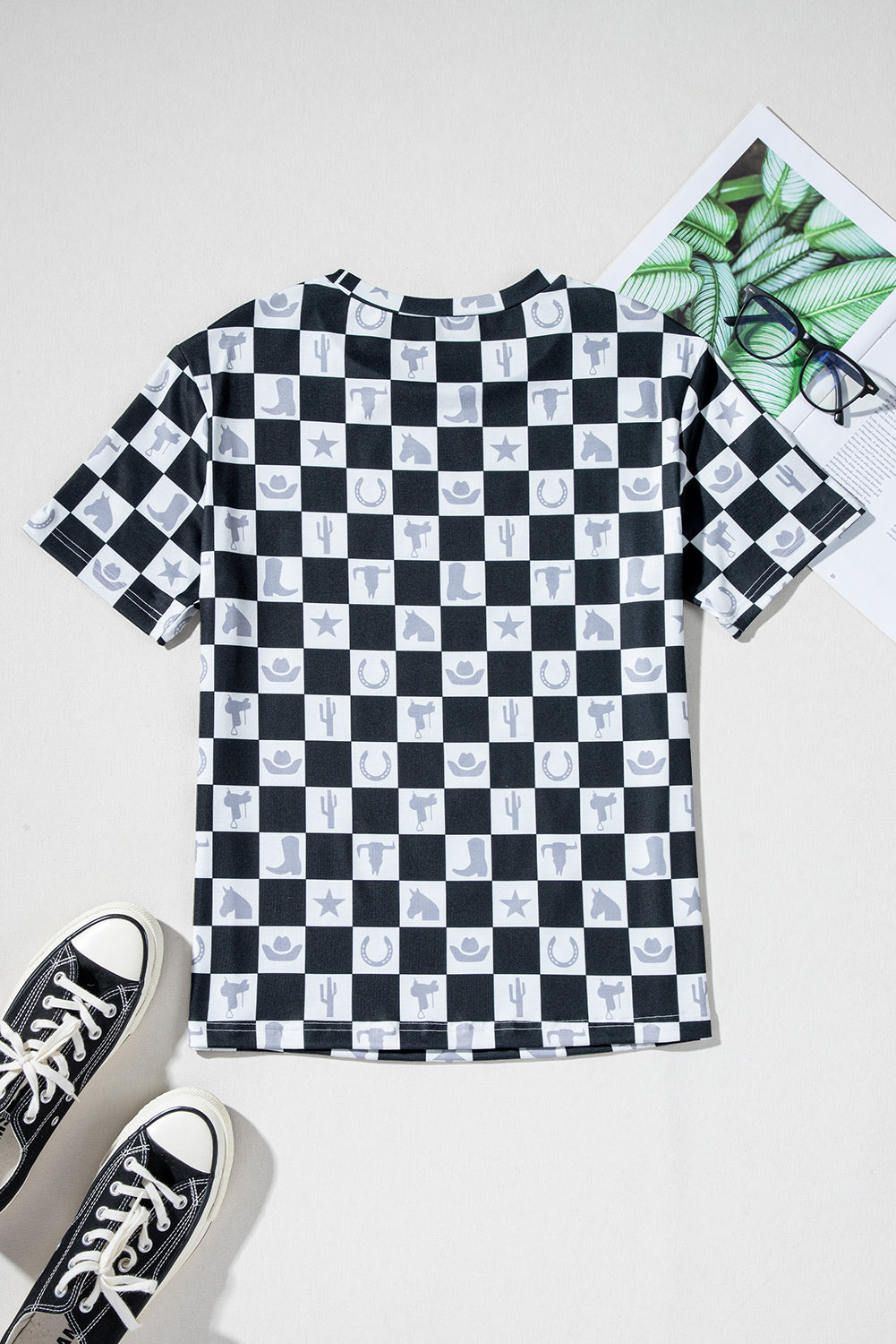 Black Western Checkerboard Print Side Split T Shirt