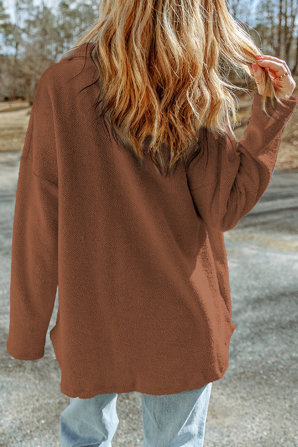 Women's Contrast Flap Pockets Brown Relaxed Shacket