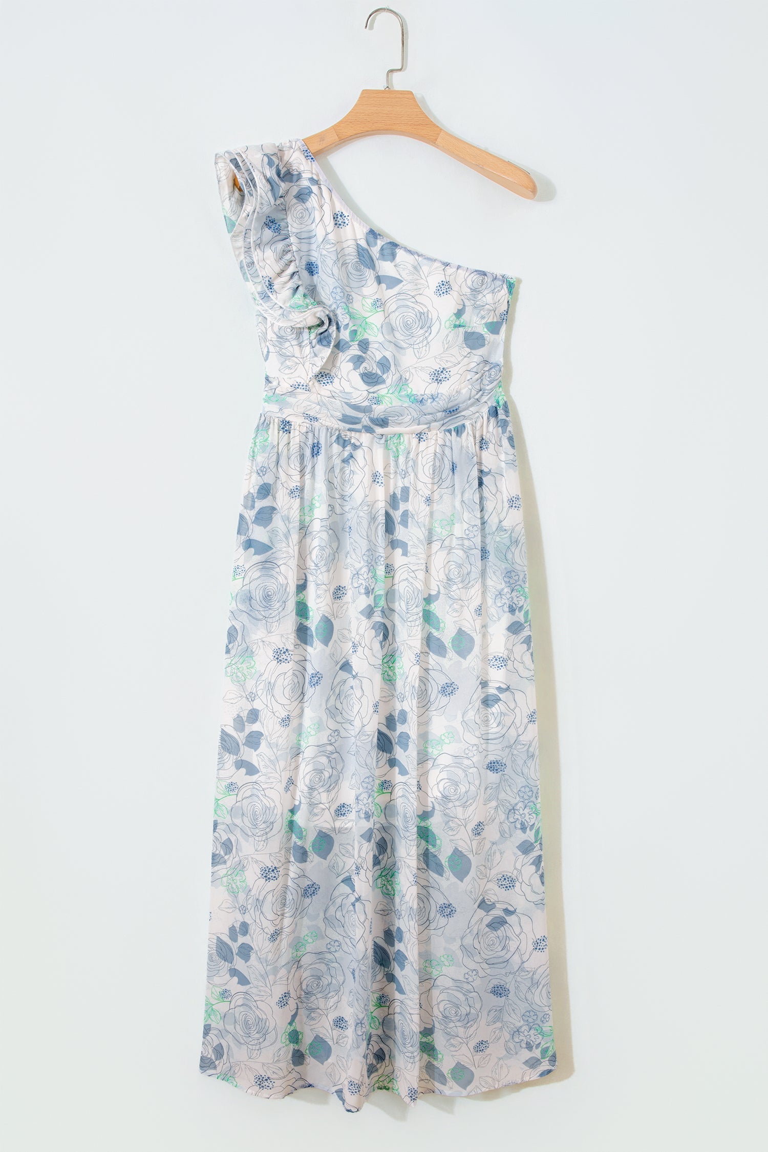 Floral-Print Ruffled One Shoulder Vacation Maxi Dress in Sky Blue