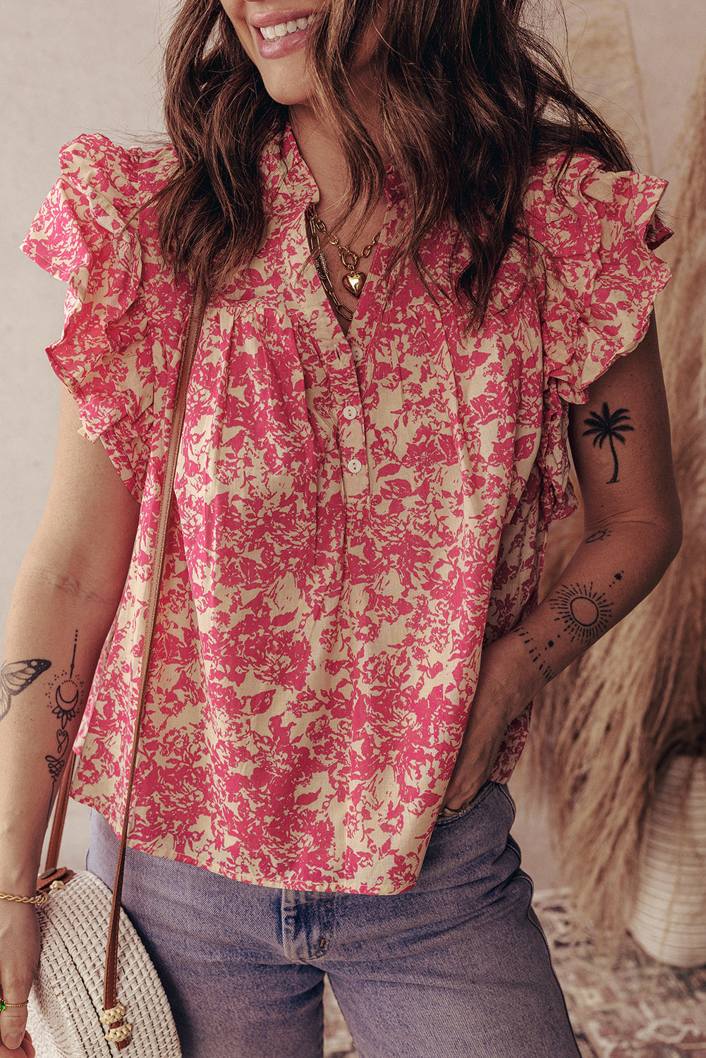 Half Allover Printed Button Neck Ruffle Sleeve Blouse