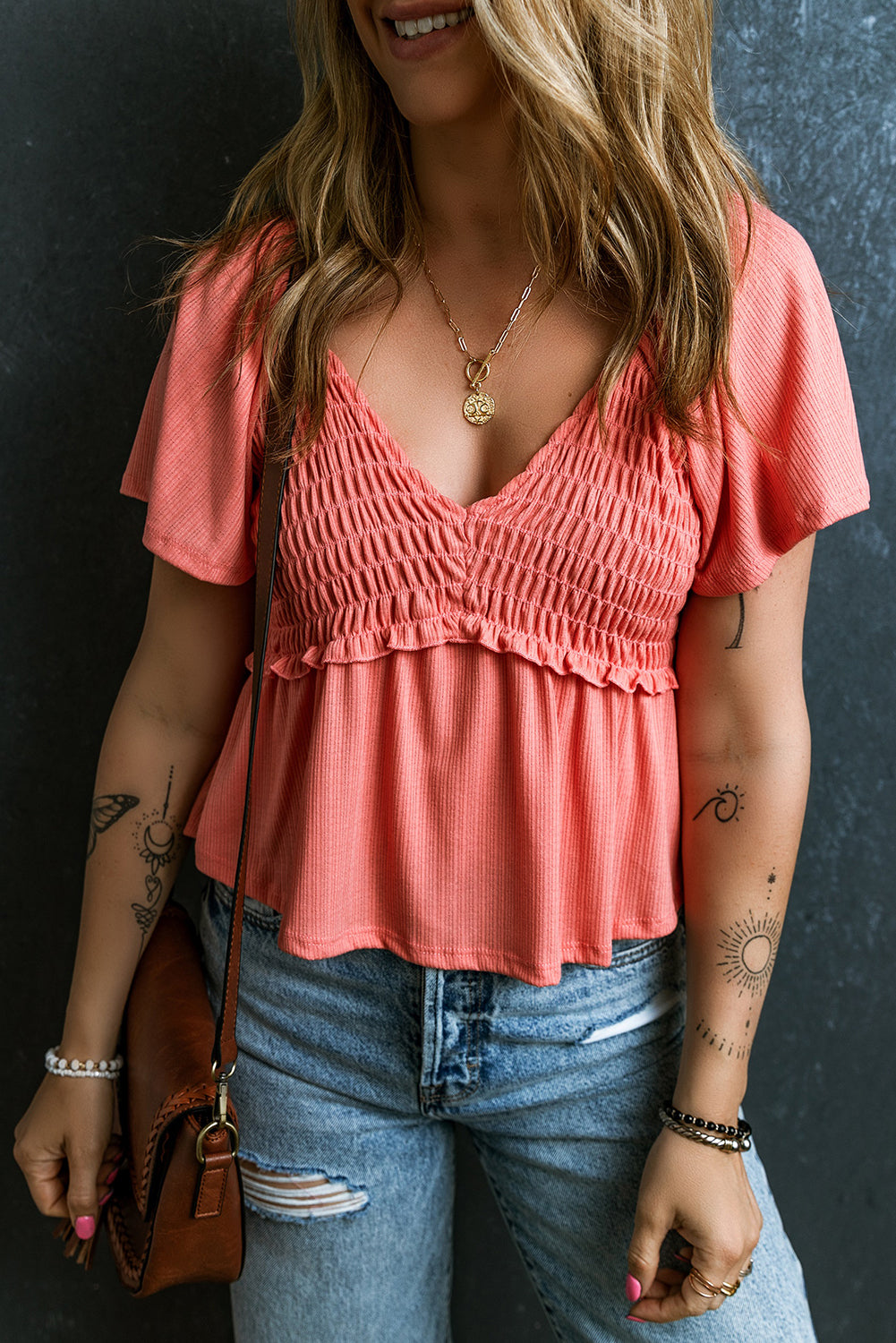 Women's Shirred V Neck Short Flutter Sleeve Textured Blouse