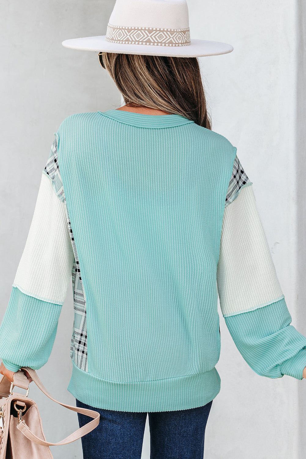 Aruba Blue Colorblock Patchwork Split Neck Long-Sleeved Top
