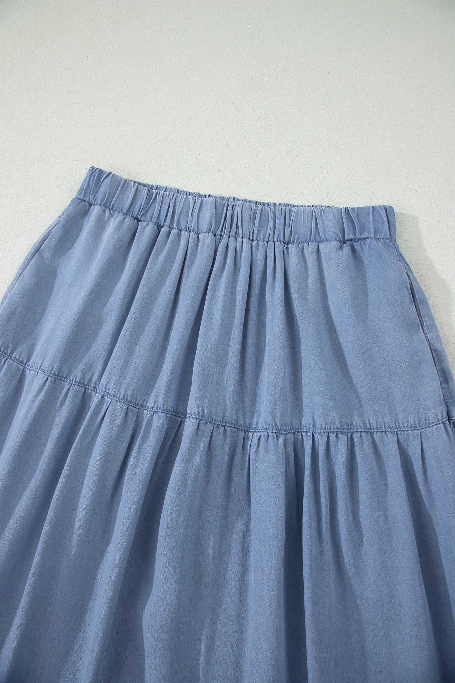 Elastic Waist Ruffled Tiered Flared Denim Maxi Skirt in Beau Blue