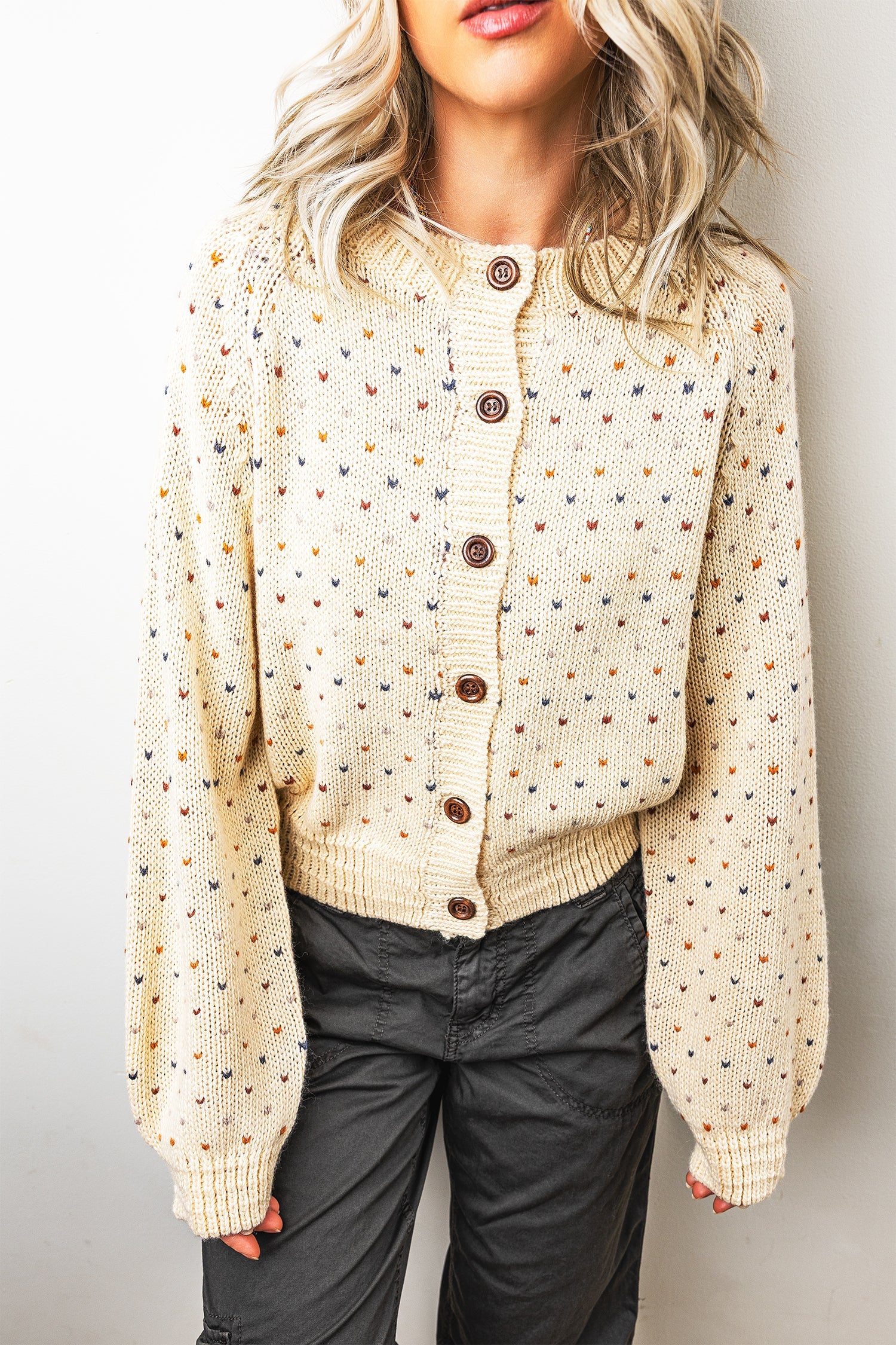 Print Button Geometric Button Front Timeless Fit Cardigan in Beige