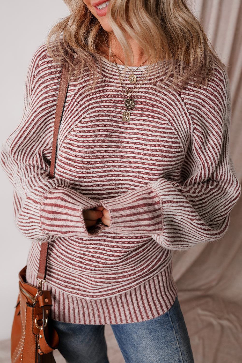 Rib-Knit Striped Print Knit Boat Neck Baggy Knit Top