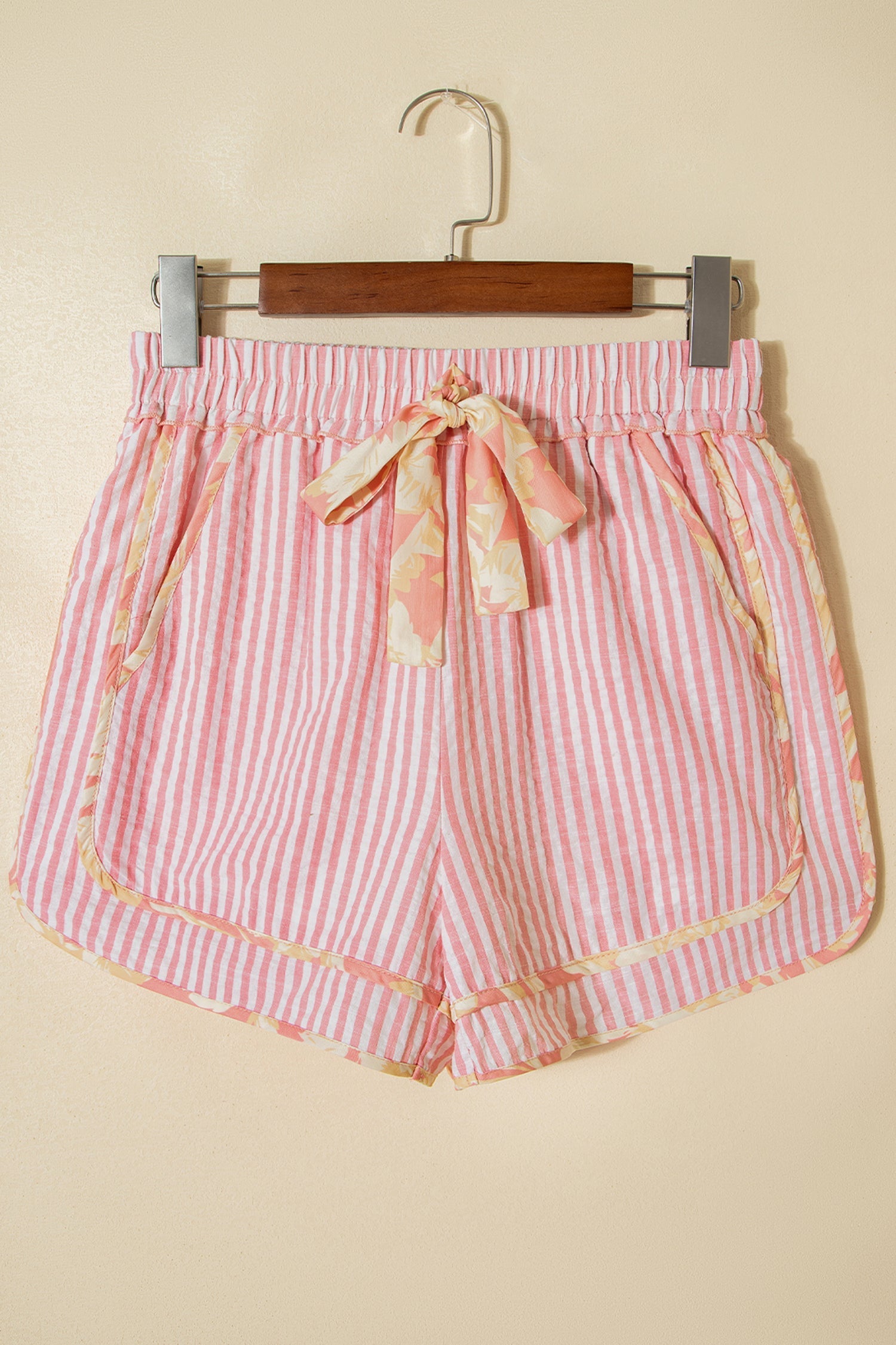 Trim Ribbon Floral Ribbon Knot Striped Everyday Shorts in Light Pink
