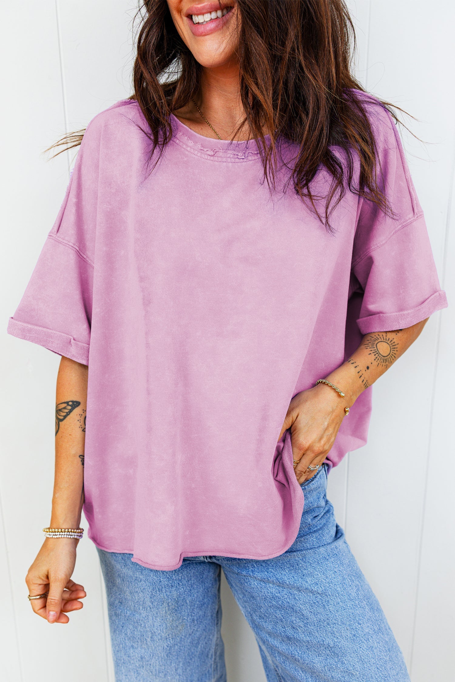 Drop-Shoulder Mineral Wash Raw Edge Loose Tee
