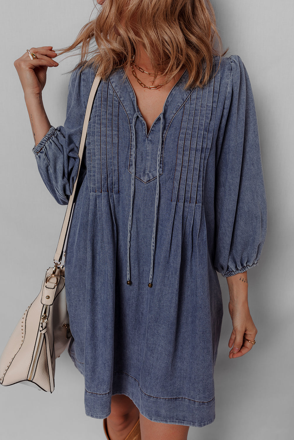 3/4 V-Neck Sleeve Tied Pleated Denim Mini Dress