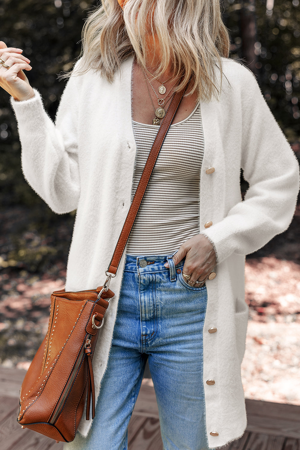 Fuzzy Button-Front Midi Solid Cardigan