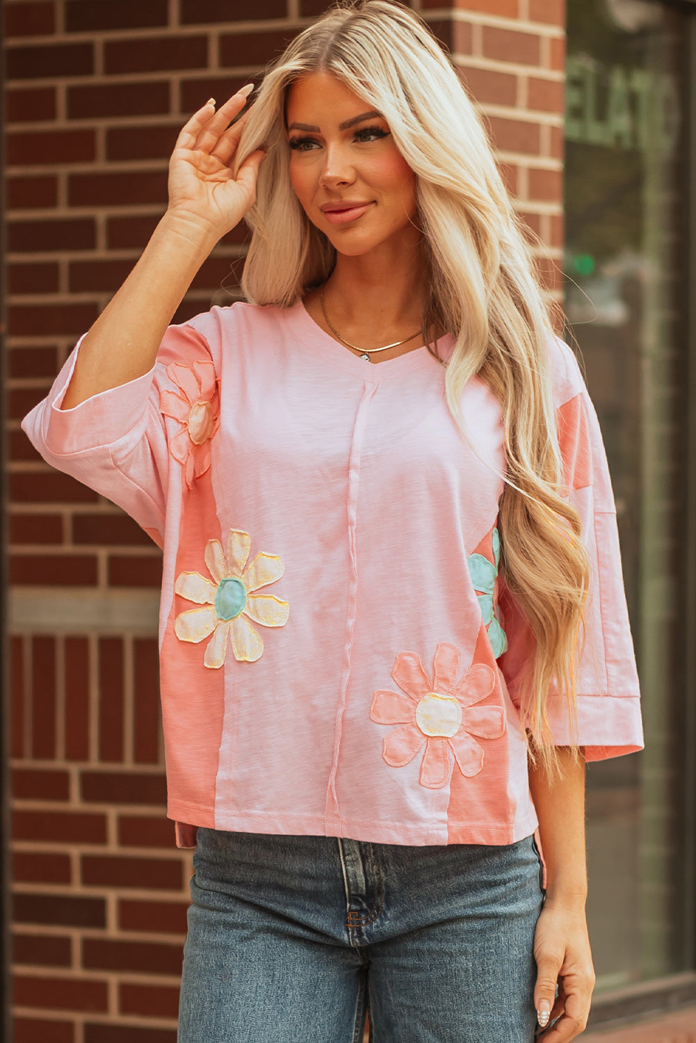 Exposed Flower Patched Seam Bracelet Sleeve Roomy T Shirt