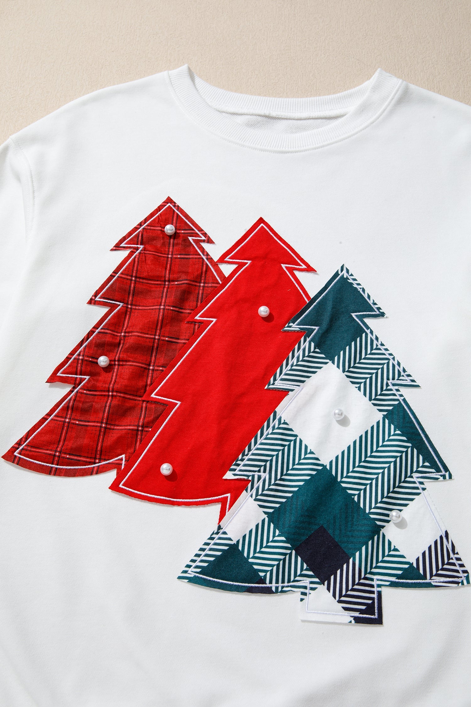 Pearl Plaid Christmas Tree Patched Drop-Shoulder Sweatshirt