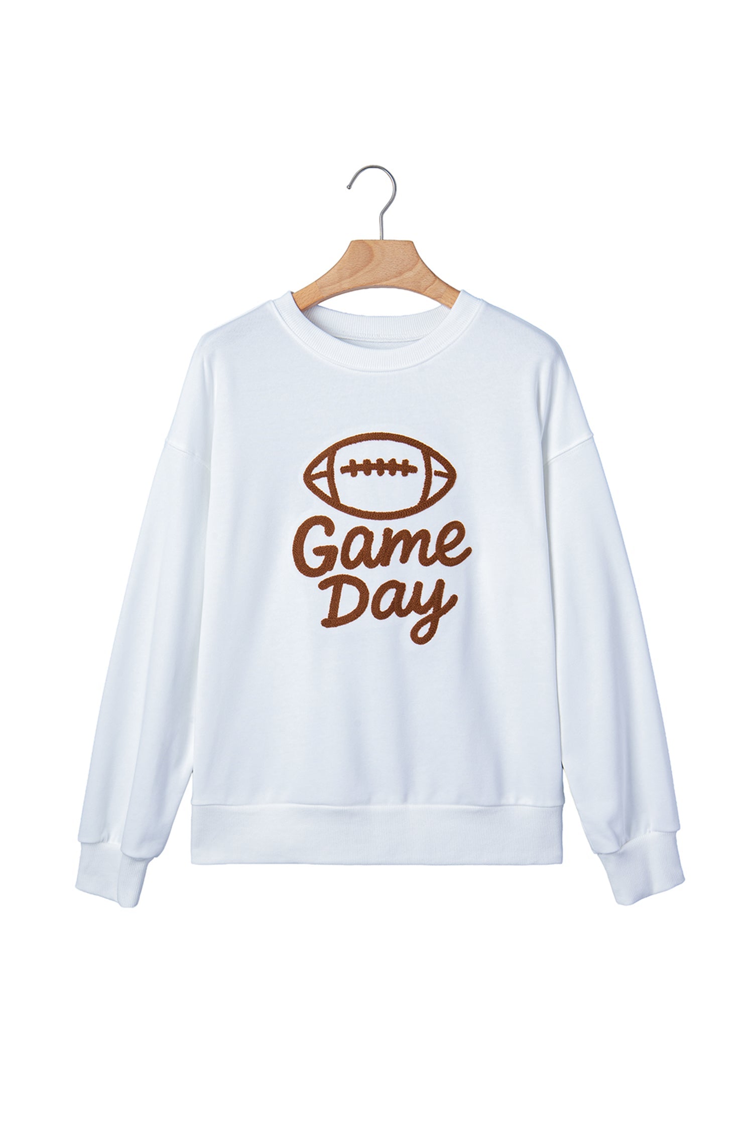 Embroidered Day Slogan Game Rugby Pattern Crewneck Sweatshirt in White