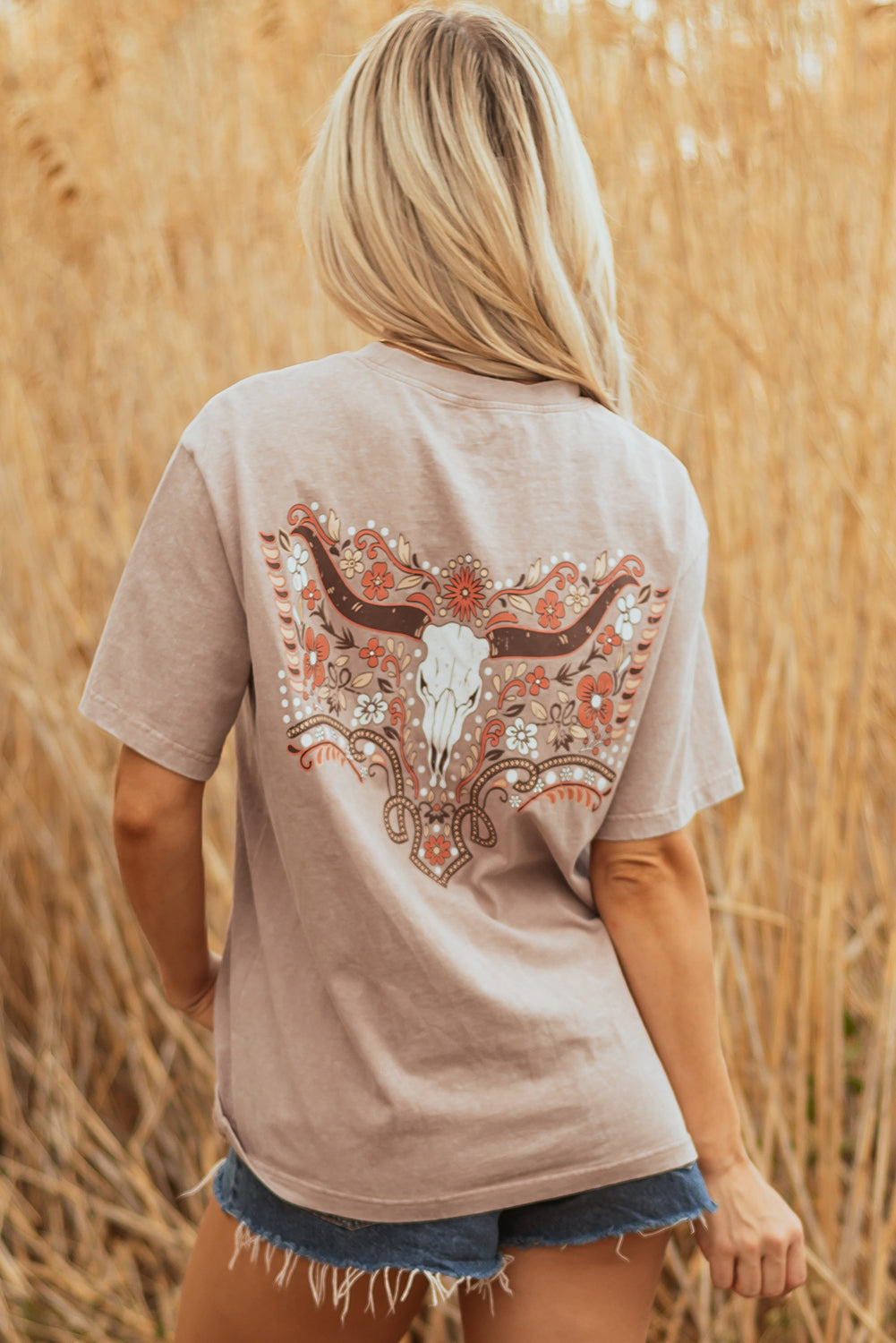 Mineral Steer Wash Floral Head Printed Back Western Fashion Tee