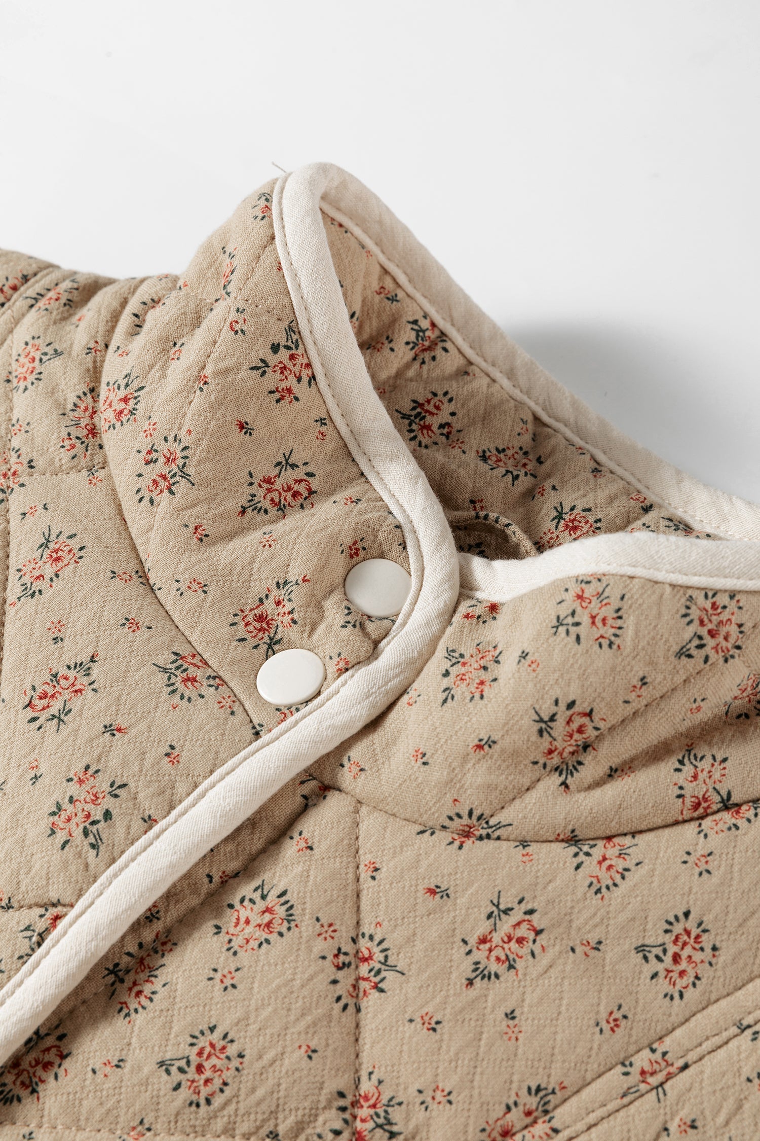 Concealed Floral-Print Quilted Button Vest in Khaki