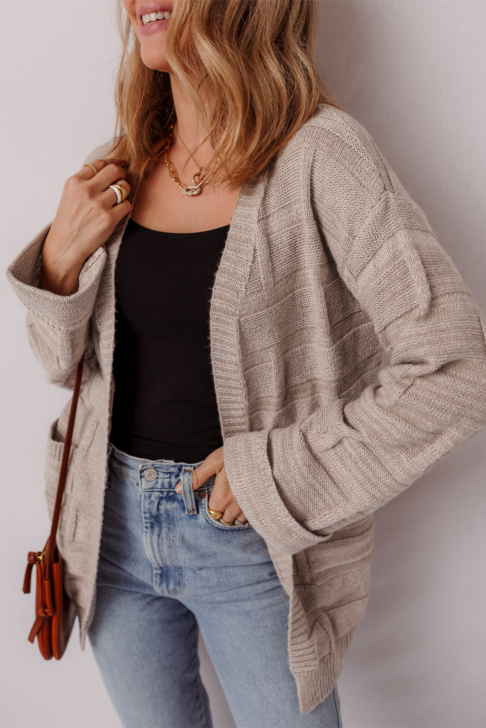 Textured Knit Open-Front Polished Cardigan Featuring Pockets