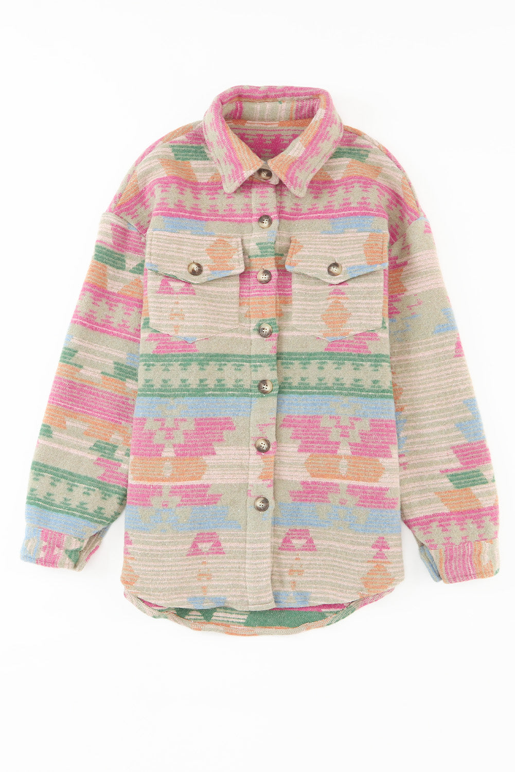 Women's Shacket Featuring Pink Western Aztec-Pattern Button Flap Pocket