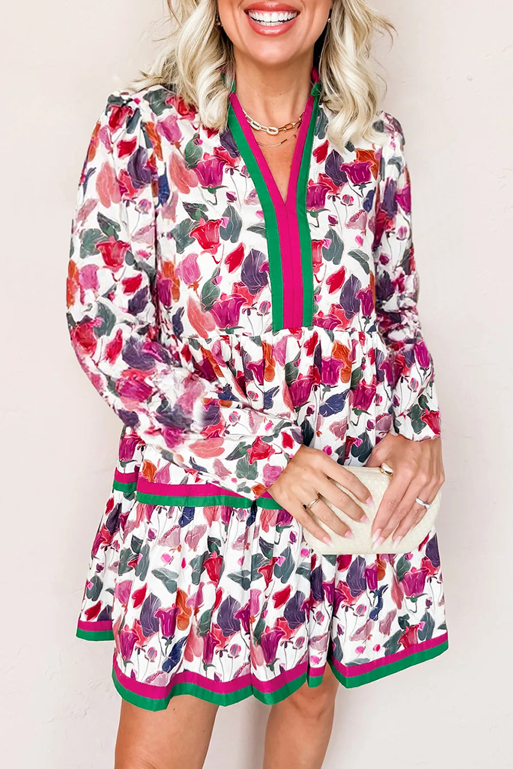 Floral-Print Contrast Striped Detail Long-Sleeved Mini Dress