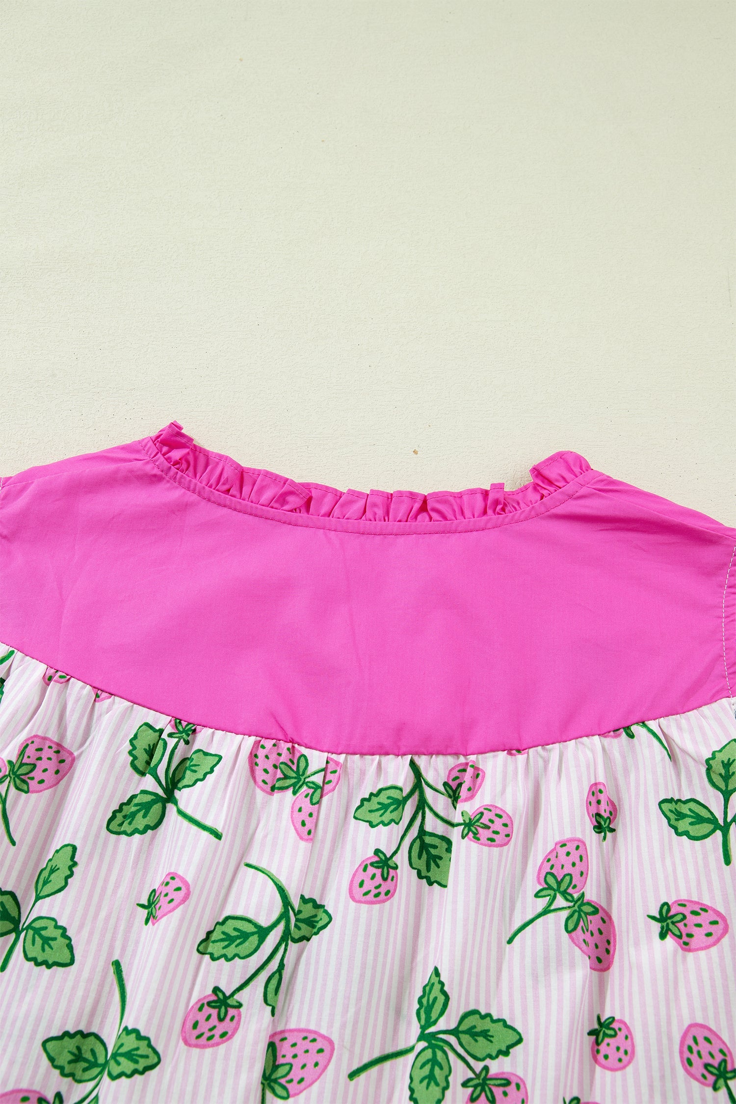 Printed Striped Strawberry Colorblock Patchwork V-Neck Flutter Sleeve Blouse