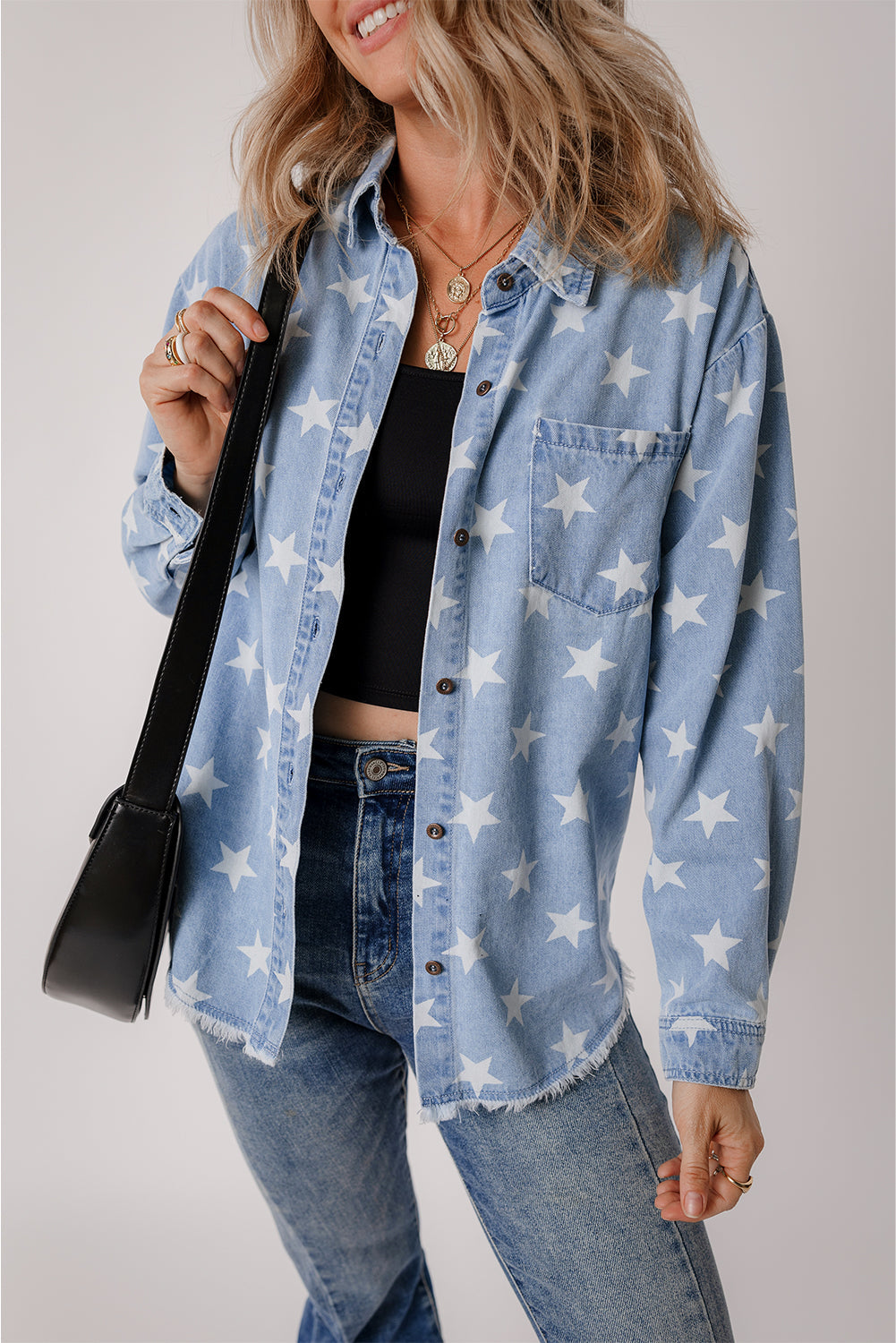 Star Pattern Light Wash Raw Hem Denim Jacket