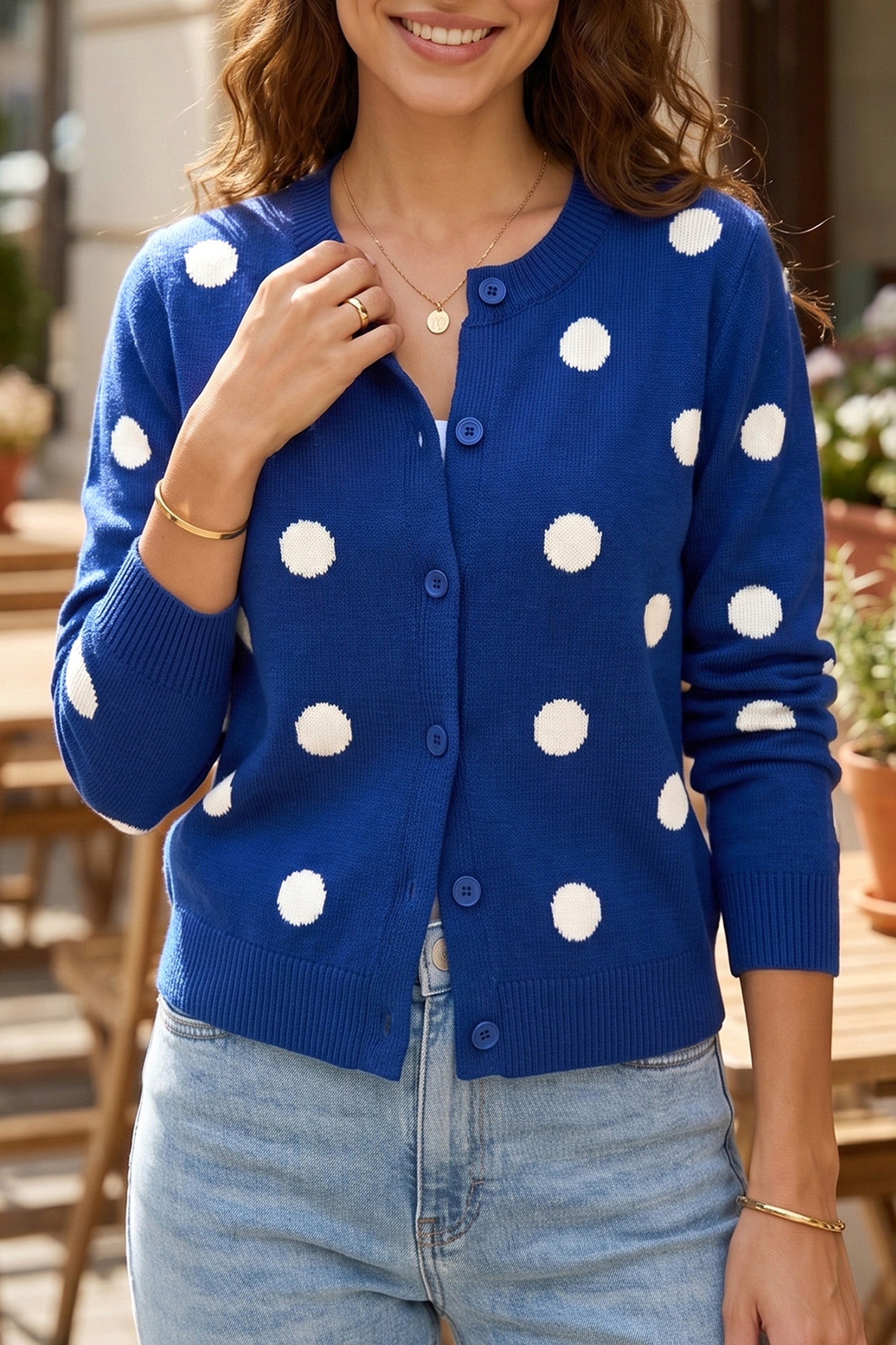 Polka-Dot Button Everyday Button Front Long-Sleeved Cardigan Knit Top in Bluing