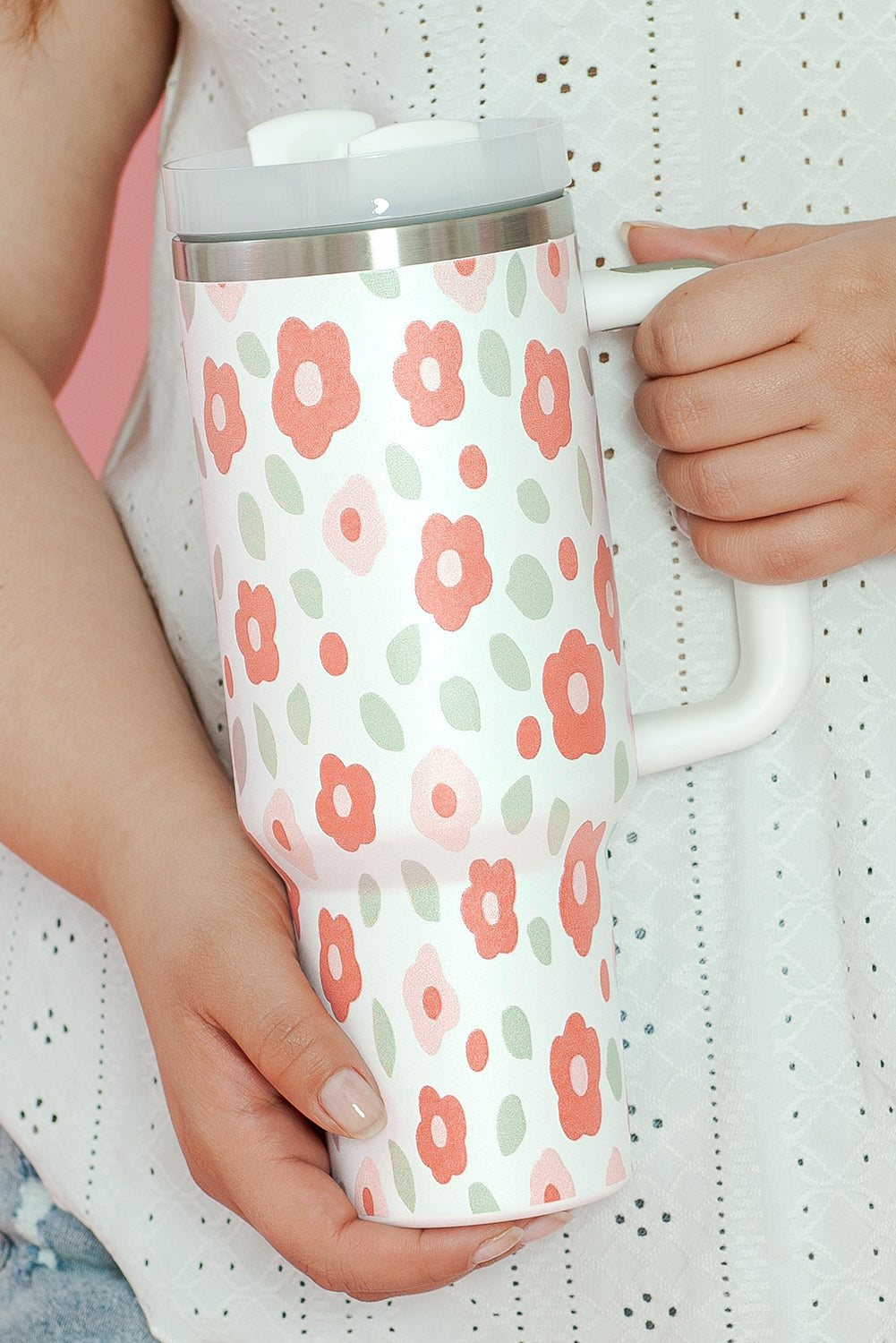 Floral Leaves Print Stainless Large Portable Cup 40oz