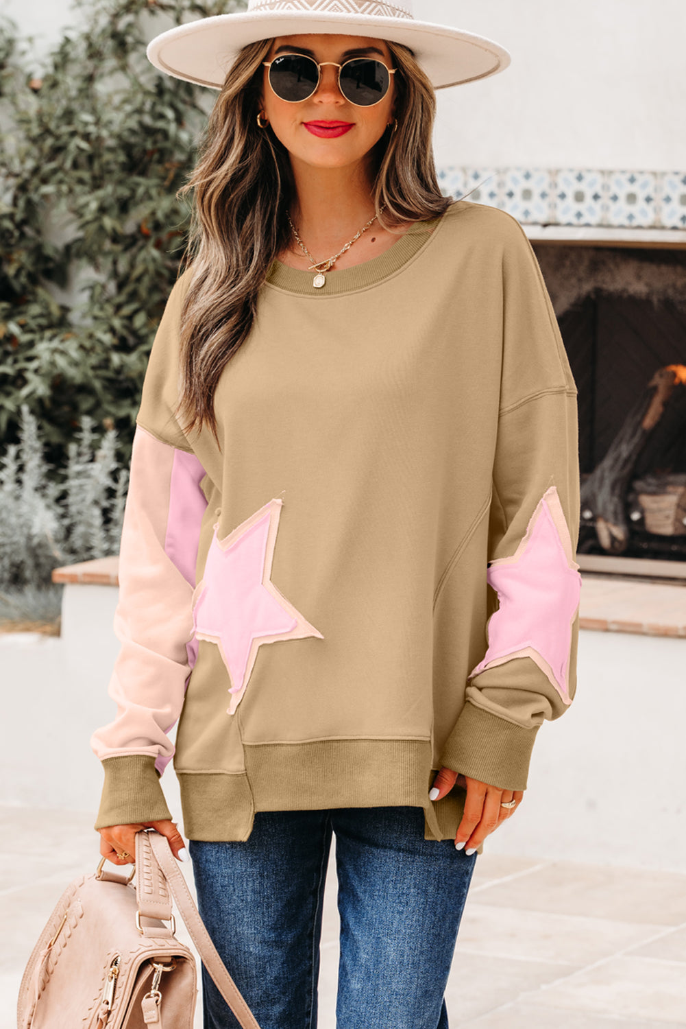Patchwork Contrast Star Exposed Seam Uneven Hem Drop-Shoulder Sweatshirt