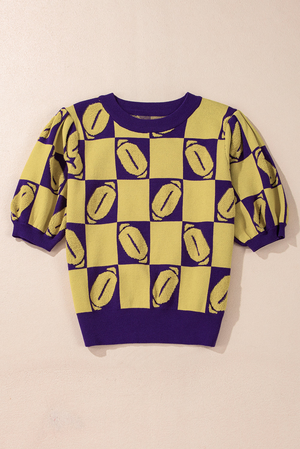 Rugby Plaid Color Block Puff Short Sleeve Sweater