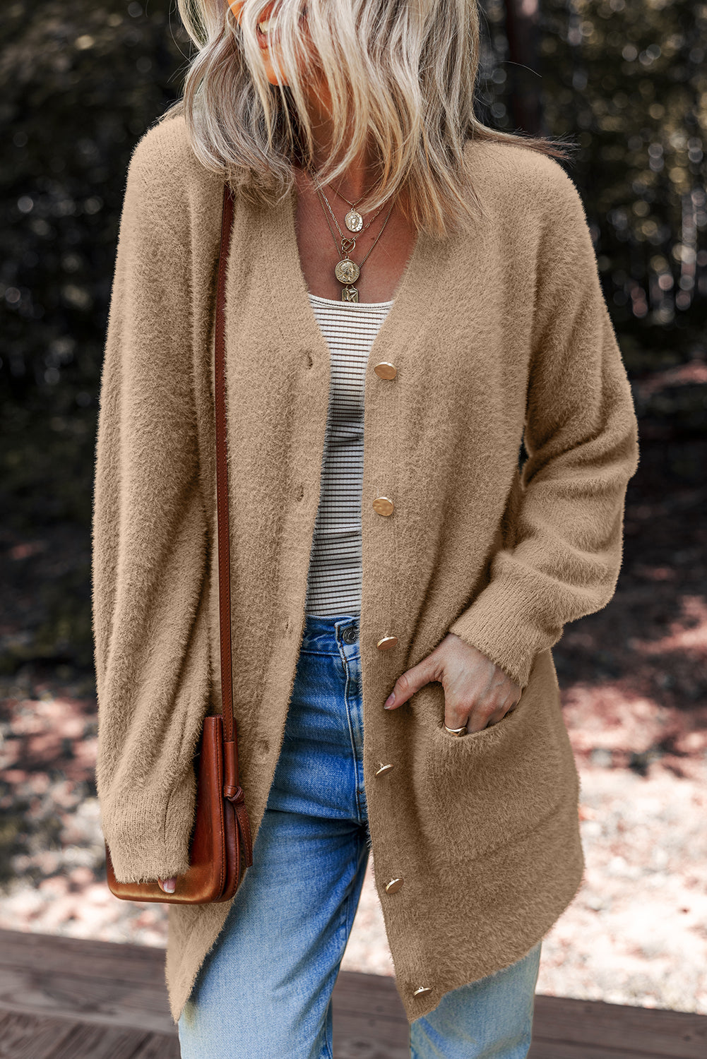 Fuzzy Button-Front Midi Solid Cardigan Style