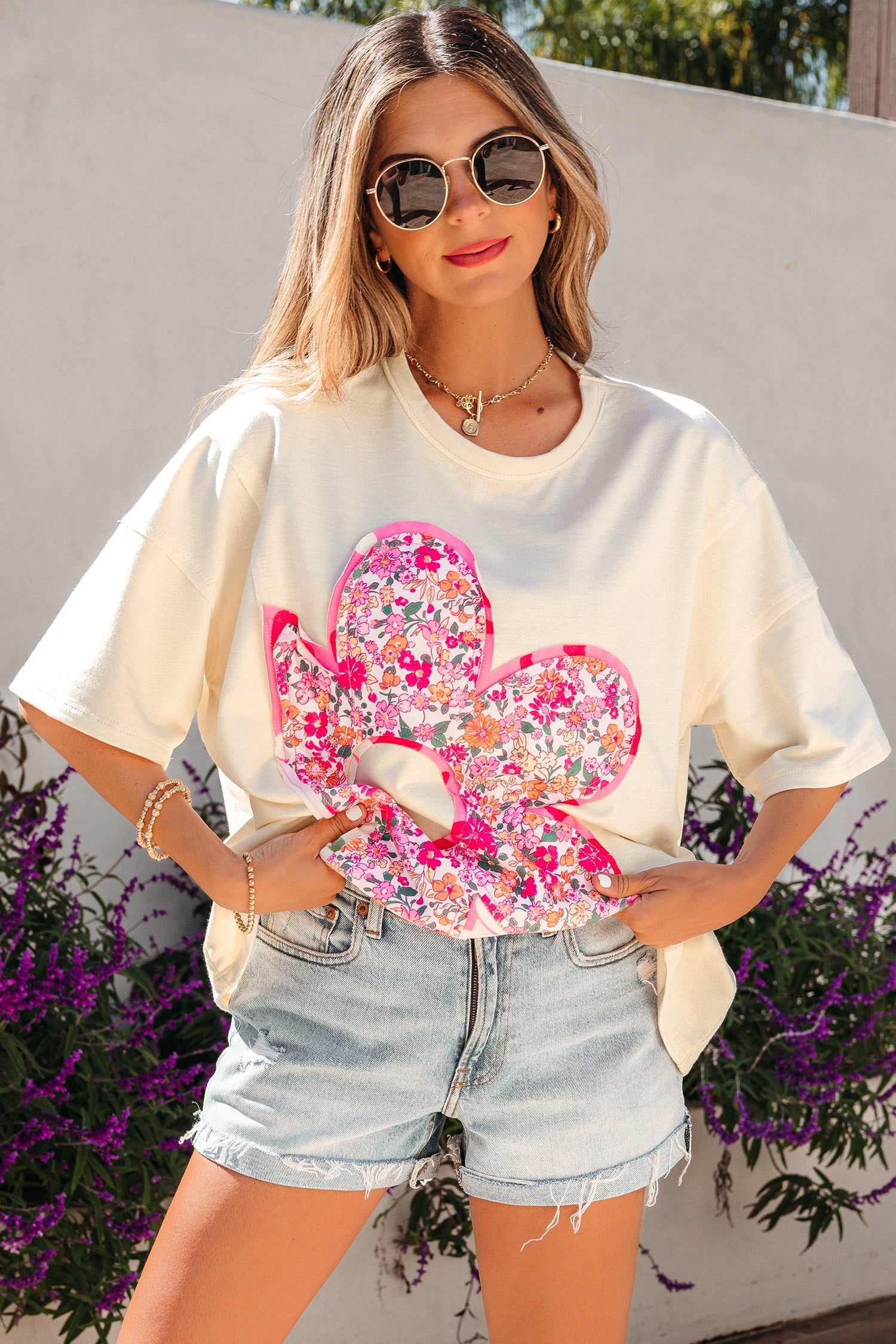 Floral Patched Raw Seam Big Flower Oversize Tee