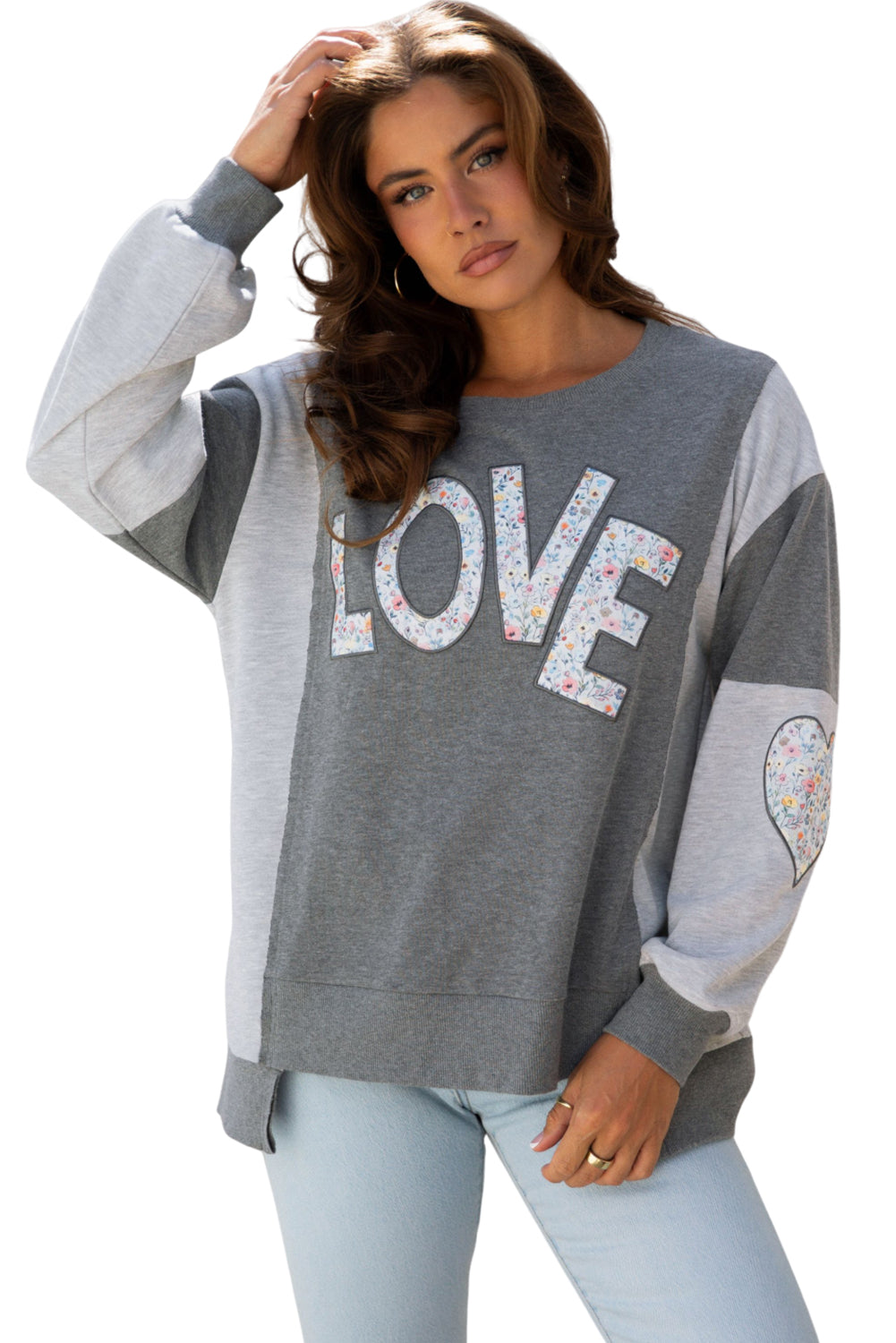 LOVE Graphic Exposed Seam Patchwork Uneven Hem Polished Sweatshirt